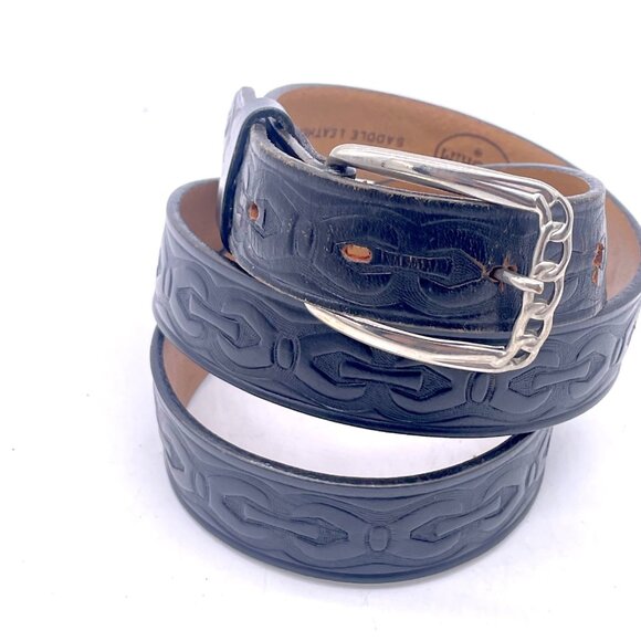 Vintage Pilgrim Saddle Leather Belt Size 34 Embossed Design Silver Buckle 1 Inch - Picture 1 of 5